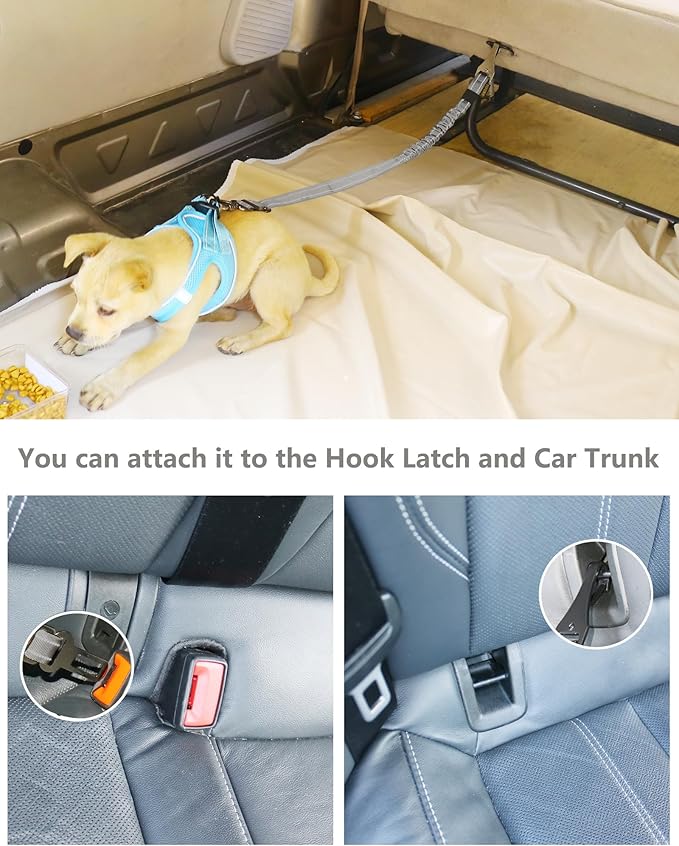 AUBELL Dog Seat Belt for Car,Updated 3-in-1 Adjustable Reflective Bungee Heavy Duty Dog Car Harness Tether with Clip Hook Latch & Buckle,Swivel Zinc Alloy Carabiner,Grey-Mewly Pet