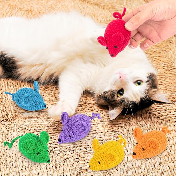 Retro Shaw Catnip Toys Crochet Mouse, 6 Pcs Yarn Cat Nip Mice Safe Teeth Cleaning Chew Toy for Indoor Kittens Kitty, Interactive Catnip Cat Kicker Toys-Mewly Pet