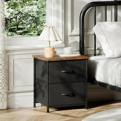 Somdot Nightstand, Small Dresser for Bedroom with 2 Drawers, Bedside Table Night Stand End Table with Fabric Bins for Bedroom Kids Closet Dorm Guest Room, Black Rustic Brown