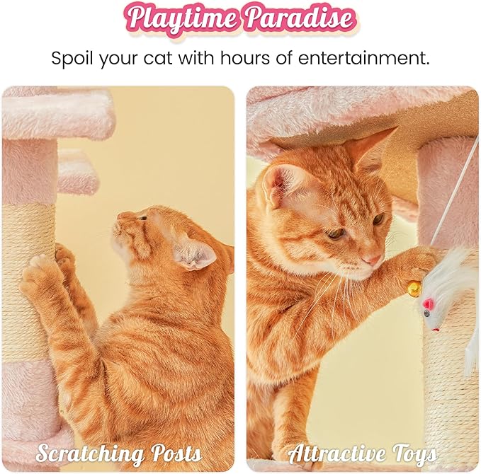 MWPO 63.8-Inch Pink Cat Tree for Indoor Cats, Multi-Level Cat Tower with Sisal-Covered Scratching Posts, Padded Platform, Hammock, Dangling Toys, Stable Cat Condo Pet Play House-Mewly Pet