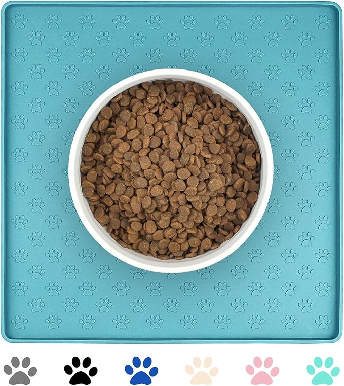 Ptlom Dog Food Mat Anti-Slip Bowl Mats for Food and Water, Waterproof Silicone Pet Placemat with High Raised Edges, Non-Slip Puppy Feeding Tray for Small, Medium Large Cats Dogs, Blue, 11.8"x11.8"-Mewly Pet