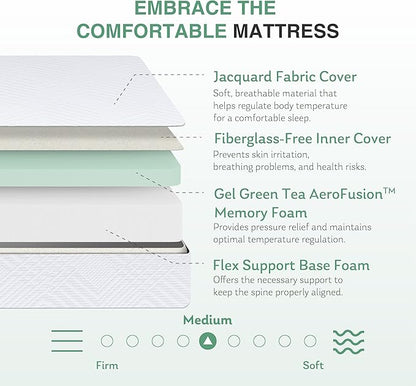 Twin XL Mattress in a Box, 10 inch Mattresses Made in USA for Kids Bed Single Size Daybed Individual Bunk, Green Tea Memory Foam Mattress for Cool Sleep & Pressure Relief, Medium Firm