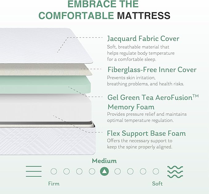 Queen Mattress in a Box, 10 inch Mattresses for Platform Bed Double Size Daybed, Green Tea Memory Foam Medium Firm