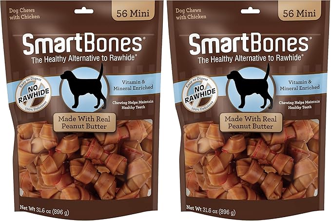 SmartBones Mini Bones with Real Peanut Butter 56 Count, Rawhide-Free Chews for Dogs (Pack of 2)-Mewly Pet