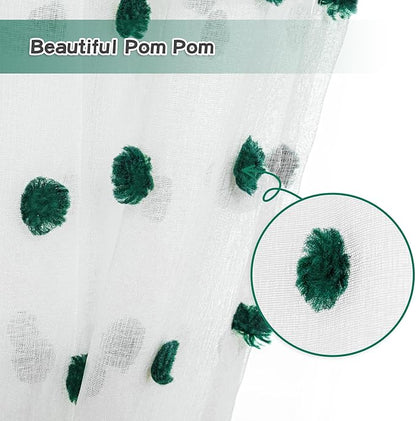 MYSKY HOME Short Christmas Curtains for Small Window - 45 Inch Long Kitchen & Bedroom Sheer Curtains - Hunter Green & White Pom Pom Panels - 2 Sets 52 x 45 Inch