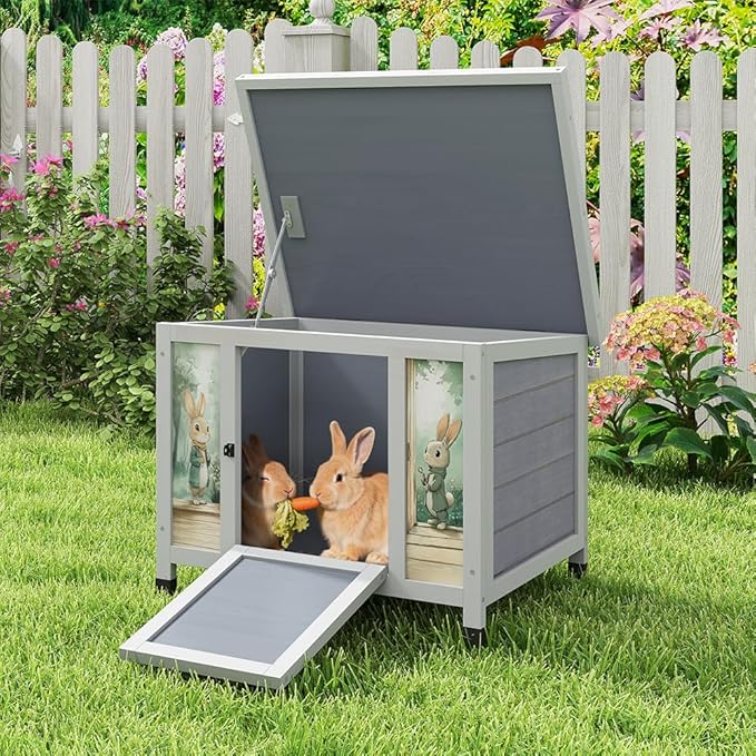 COZIWOW 24in Wooden Cat House Outdoor & Indoor Pet Shelter with Foldable Ramp - Weatherproof Rabbit Hutch with Unique Machine-Printed Art Designs for Cat, Rabbit, Guinea Pig (Grey)-Mewly Pet