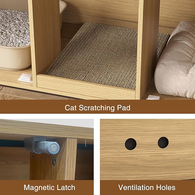 Litter Box Enclosure for 2 Cats, Fluted Hidden Cat Litter Box Furniture with Scratch Pad and Metal Legs, Modern Double Room Kitty House for Living Room, Washroom, 47.2”L x 17.7”W x 25.9”H, Natural-Mewly Pet