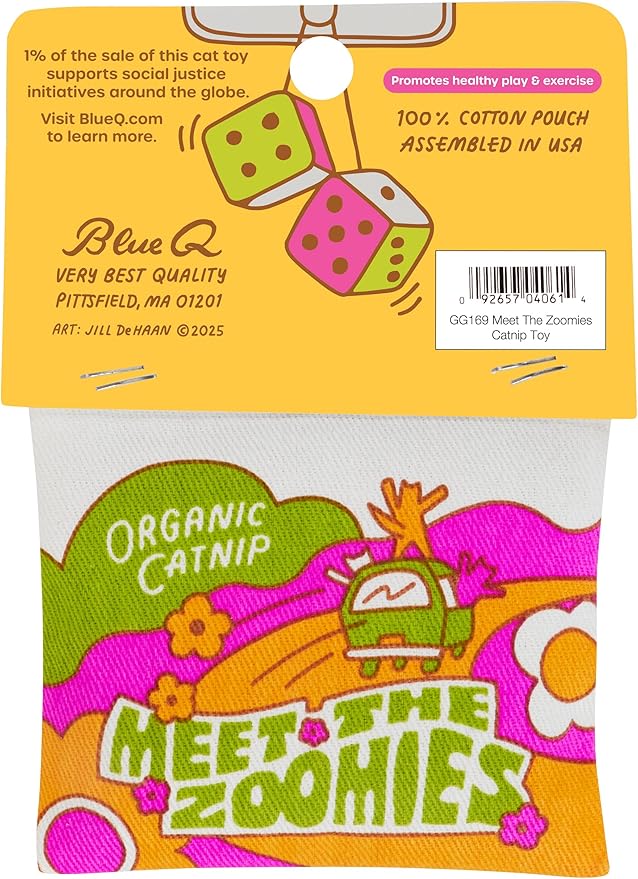 Blue Q Meet The Zoomies Catnip Cat Toy. Premium Organic Catnip Grown in The USA, 100% Cotton Pouches, Kitty Graphics Sure to Delight Every Cat-Keeper.-Mewly Pet