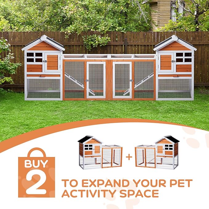Outvita Rabbit Hutch, Small Wood Chicken Coop, 48" Guinea Pig Cage w/Pull-Out Tray, Waterproof Asphalt Roof, Chicken Run, Interactive Door for Small Animal Pen Outdoor-Mewly Pet
