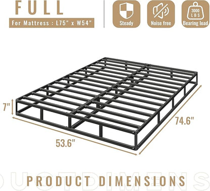 Full Size Box Spring, 7 Inch Low Profile Metal Frame Mattress Foundation, 3000 lbs Heavy Duty Boxspring with Fabric Cover, Easy Assembly, Noise Free, Non-Slip