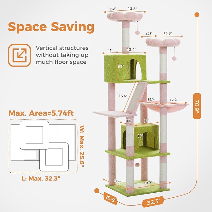 PAWZ Road 70 Inch Cat Tower, Pink Cat Tree with 2 Cozy Condos, 2 Plush Perch, Large Basket, 2 Scraching Pad & 6 Scraching Posts for Indoor Cats Large Adult-Mewly Pet