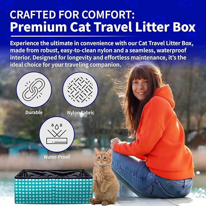 Pet Fit For Life - Vibrant Collapsible Travel Cat Litter Box - Portable, Foldable, Compact Design with Bonus Water Bowl - Ideal for Car & Camping - Reusable, Cats Safe - Teal, (16"x12"x5")-Mewly Pet