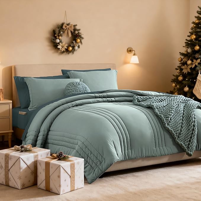 Monbix King Size Comforter Set - 7 Pieces Bed in a Bag King, Sage Green Bedding Sets with Comforter, All Seasons Comforter Bed Set with Sheets, Pillowcases & Shams
