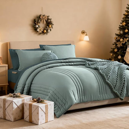 Monbix California King Size Comforter Set - 7 Pieces Bed in a Bag California King, Sage Green Bedding Sets, All Seasons Down Alternative Comforter Bed Set with Sheets, Pillowcases & Shams