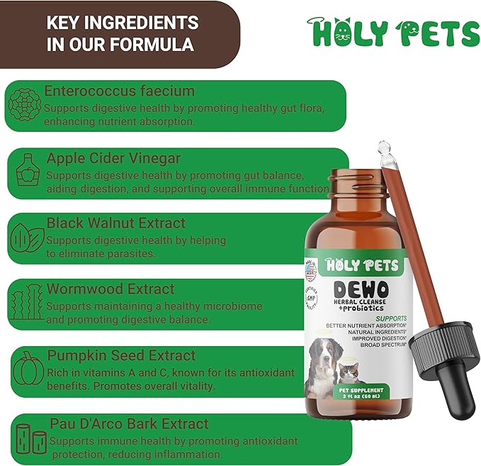 Herbal Gut Cleanse & Natural Parasite Support for Dogs & Cats with Probiotics – Promotes Digestive Health, Detox, and Wellness – Liquid Supplement for Pets – Made in The USA-Mewly Pet