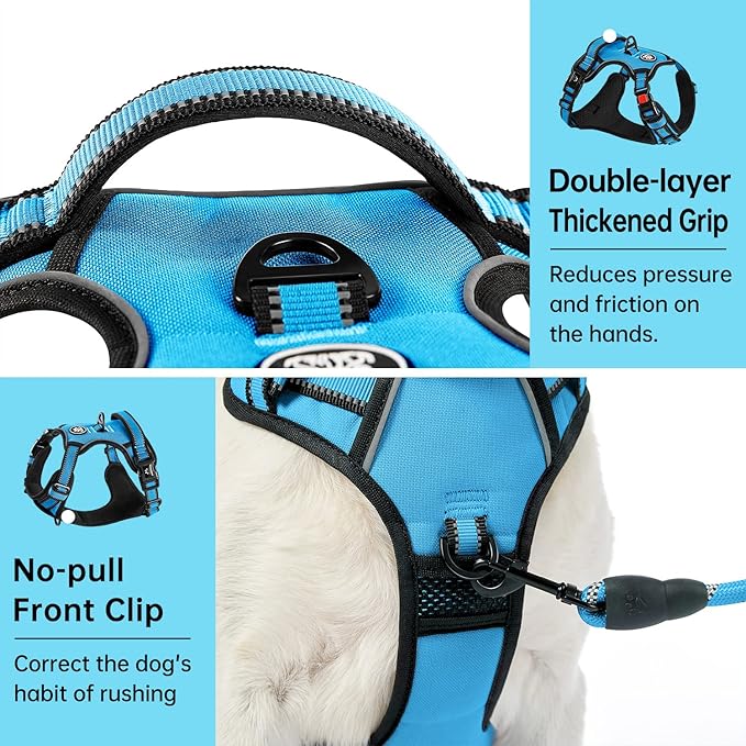 IVY&LANE No Pull Dog Harness for Large Dogs, Dog Vest Harness with Leash, Safety Belt and Storage Strap, Fully Adjustable Harness, 360° Reflective Strip, Soft Handle (Blue,XL)-Mewly Pet