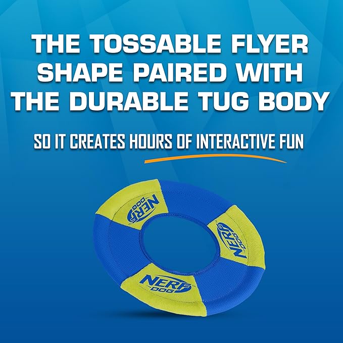 Nerf Dog Trackshot Toss and Tug Ring Outdoor Dog Toy 2 Pack, 9 Inch Dog Tug and Fetch Toy, for Medium and Large Breeds, Blue/Orange/Green-Mewly Pet