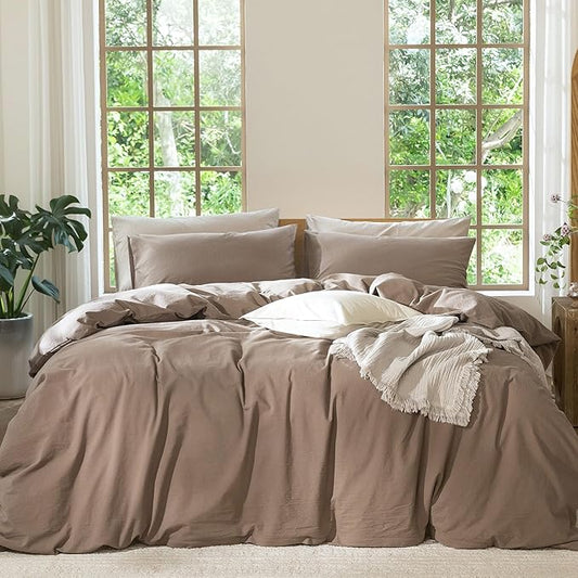 MooMee Bedding Duvet Cover Set 100% Washed Cotton Linen Like Textured Breathable Durable Soft Comfy (Solid Brown, Alaska King 132"x120")