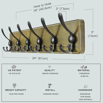 Dseap Coat Rack Wall Mounted - 24" Long 6 Tri Hooks, Heavy Duty Wooden Wall Coat Hanger Coat Hook for Clothes Hat Jacket Clothing, Weathered Green and Black