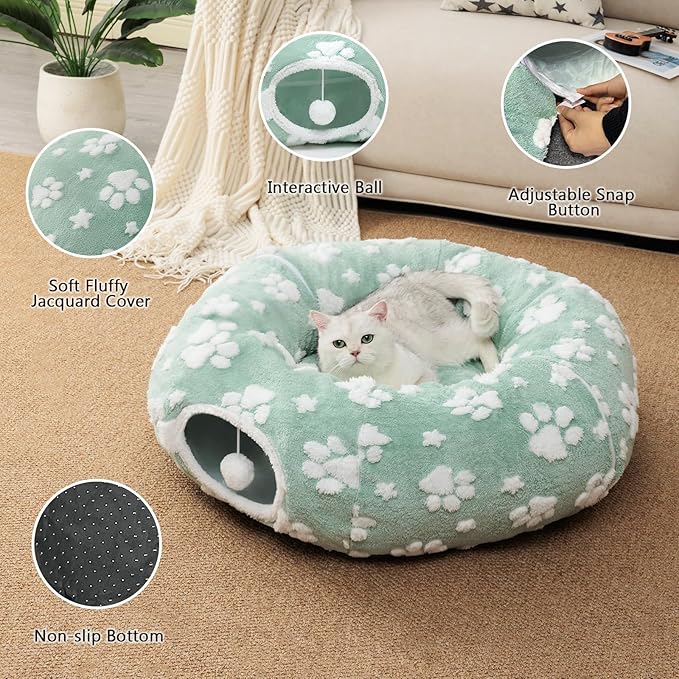 Cat Tunnel for Indoor Cats, Cute Peekaboo Cave with Dangling Balls, Pet Donut Tunnel Bed with Circle Mat for Puppy Kitten Rabbit, Green-Mewly Pet