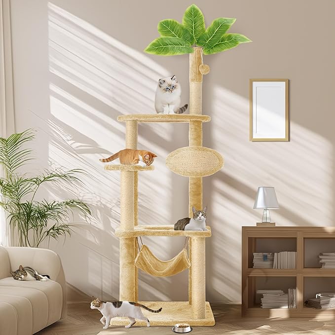 55 Inch Large Cat Tree Tower for Indoor Cats with Hammock Green Leaves Sisal Scratching Post, Plush Hang Ball Play Furniture for Kittens & Adult Cats, New Beige-Mewly Pet