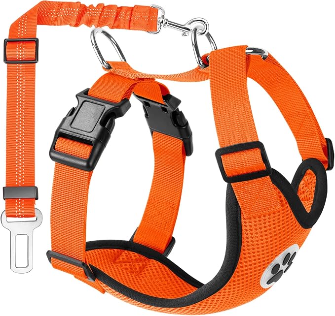 Lukovee Dog Seat Belt - Adjustable Dog Car Harness for Large, Medium & Small Dogs, Soft Padded & Breathable Mesh Dog Seatbelt with Vehicle Connector Strap (Orange, XX-Small)-Mewly Pet
