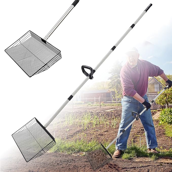 Large Chicken Poop Scooper, Metal Coop Scoop with 32" to 67" Adjustable Long Stainless Steel Handle, Chicken Poop Scooper for Sand with Heavy Duty Sifting Shovel for Chicken/ Horse/ Pet Coops (15 IN)-Mewly Pet