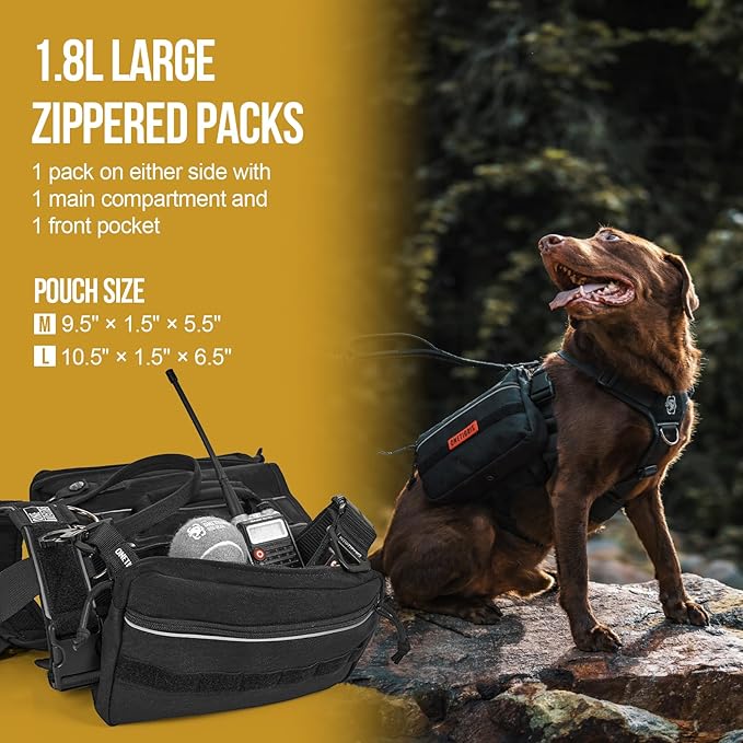 Onetigris Dyno Outdoor Dog Harness With Pockets, Front Range Pack, Backpack With Handles, Saddle Bag Hiking Vest, Tactical Service Canine EDC Pack Set-Mewly Pet