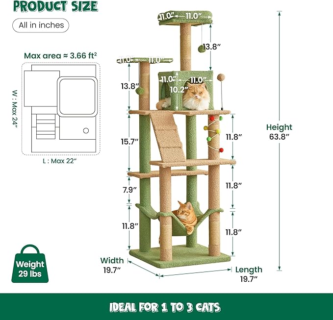 MWPO 63.8 Inches Green Cat Tree for Indoor Cats, Multi-Level Cat Tower with Sisal-Covered Scratching Posts, Padded Platform, Hammock, Dangling Toys, Stable Cat Condo Pet Play House-Mewly Pet