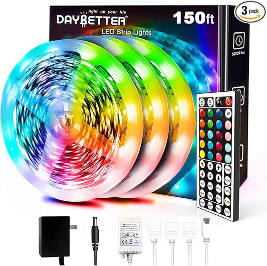 DAYBETTER Led Strip Lights 150ft, Color Changing Led Light Strip with Remote Control, RGB Strip Lighting Suitable for Home Decor, Living Room, Kitchen, Home Party Decoration, 12V (3 Rolls of 50ft)