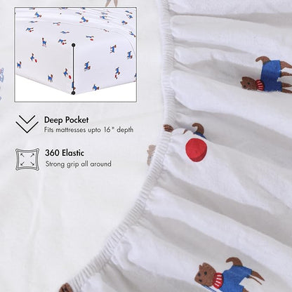 RUVANTI Flannel Sheets Queen Size - 100% Cotton Double Brushed Bed Sheets, Deep Pockets 16 Inches Queen Sheet Set, All Seasons Breathable & Extra Soft - Warm & Cozy, 4 Piece, Puppy Playoff
