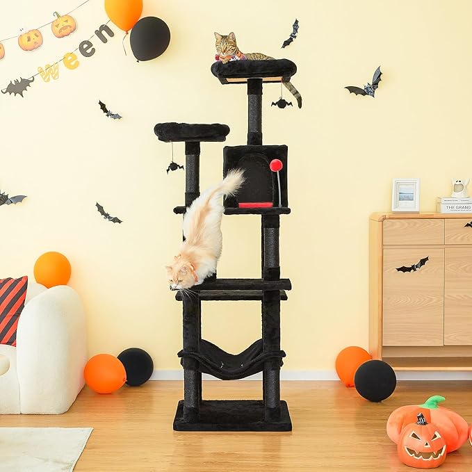 MWPO Gothic Large Cat Tree, 70.1-Inch Multi-Level Tall Cat Tower for Indoor Cats, Plush Cat Condo with Big Padded Perches, Sisal-Covered Scratching Posts, Hammock, Toys for Kittens & Cats, Black-Mewly Pet