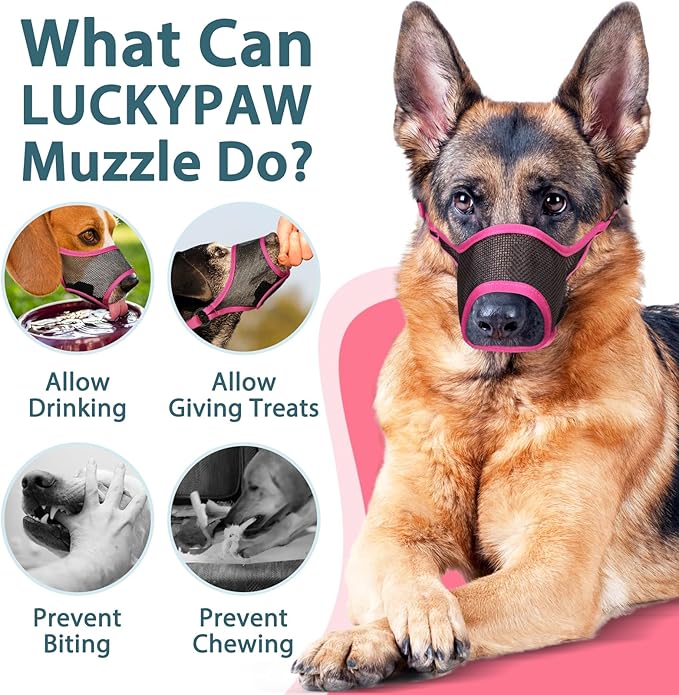 LUCKYPAW Dog Muzzle, Mesh Muzzle for Large Medium Small Dogs, Soft Mouth Guard for Biting Chewing, Breathable Mouth Guard with Adjustable Strap for Training(Hot Pink, L(Snout:9.75"-11"))-Mewly Pet