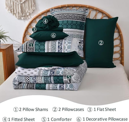 Cottolester Boho Comforter Set King Size,8 Pieces Emerald Green Bohemian Striped Bed in a Bag,Paisley Soft Microfiber Bedding Comforter Set