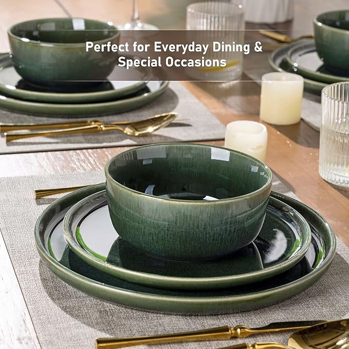 GBHOME Ceramic Dinnerware Sets for 6, 18 Pieces Stoneware Plates and Bowls Sets, Reactive Glaze Dishes -Scratch Resistant, Dishwasher&Microwave Safe, Earth Green-Mewly Pet