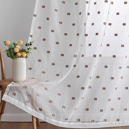 MYSKY HOME White Curtains for Bedroom 84 Inch Length Long Sheer Curtains for Living Room Nursery Curtains with Taupe Patched Design Rod Pocket Privacy Window Drapes Dining Room 52" x 84" 2 Panels