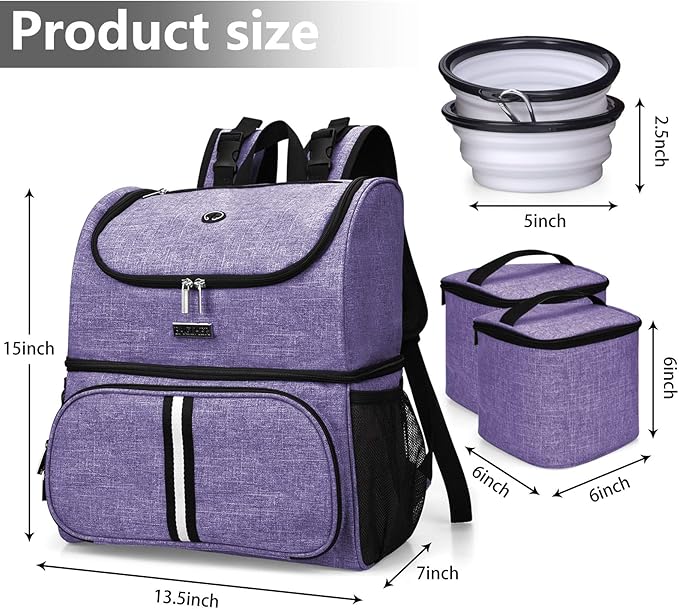 BAGLHER Pet Travel Bag, Double-Layer Pet Supplies Backpack (for All Pet Travel Supplies), Pet Travel Backpack with 2 Silicone Collapsible Bowls and 2 Food Baskets Purple-Mewly Pet