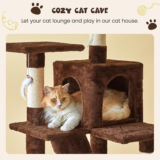 MWPO 63.8 inches Multi-Level Cat Tree for Large Cats with Sisal-Covered Scratching Posts, Padded Platform, Hammock and Condo,Stable Cat Tower Cat Condo Pet Play House (Brown)-Mewly Pet