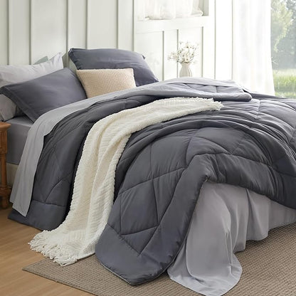 Bedsure Dark Grey Twin XL Comforter Set - 5 Pieces Reversible Twin XL Bed in a Bag for College, Extra Long Twin Bed Set Dark Grey with Comforters, Sheets, Pillowcase & Sham