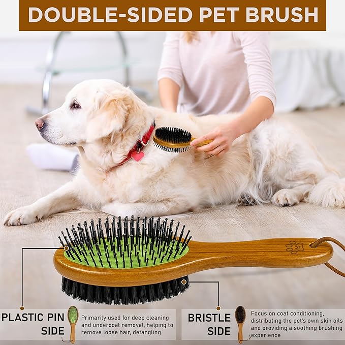 TAKAVU Pin & Bristle Pet Brush for Dogs & Cats - Double Sided Grooming Tool Detangles, Removes Loose Hair & Conditions Coat - Wood Handle-Mewly Pet