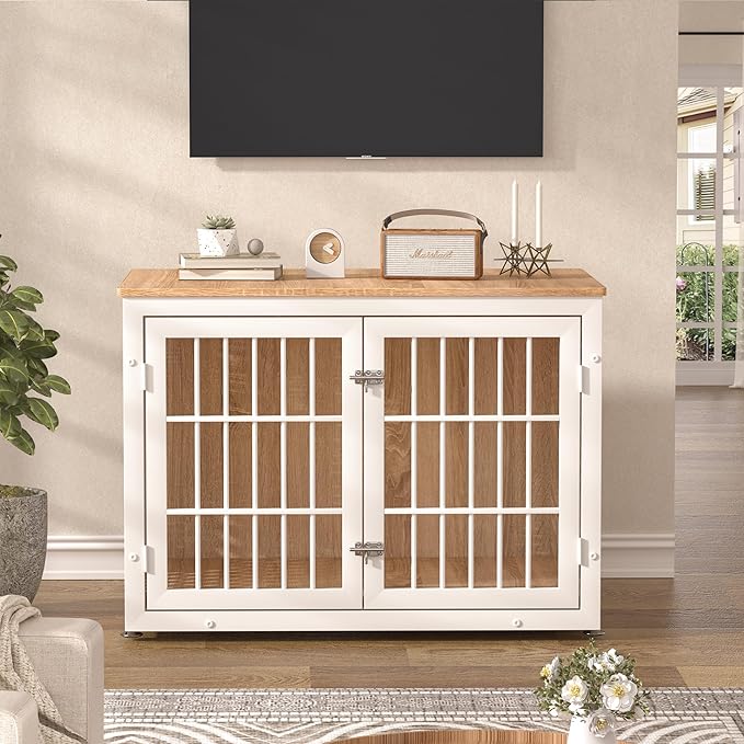 38" Heavy Duty Dog Crate Furniture for Large and Medium Dogs,Wooden Metal Kennel for High Anxiety Dogs, Chew Proof Pet Cage Indoor, Decorative Dog Kennel End Table, White-Mewly Pet