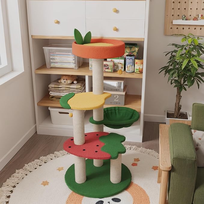 Happy & Polly Cute Cat Tree - 40.5" Fruit World Cat Tower for Indoor Cats, Cat Tree Condo with Sisal Scratching Posts, Cozy Hammock, Plush Strawberry Perches, Kitten Cat Trees Towers Activity Center-Mewly Pet