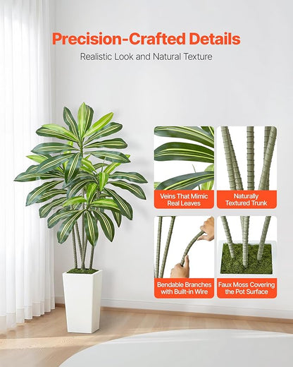 VEVOR Artificial Dracaena Tree 5 ft, Fake Palm Tropical Plants with White Tall Planter, Faux Floor Silk Plant in Pot, Large Trees for Home Office Living Room Decor House Warming, Indoor Outdoor