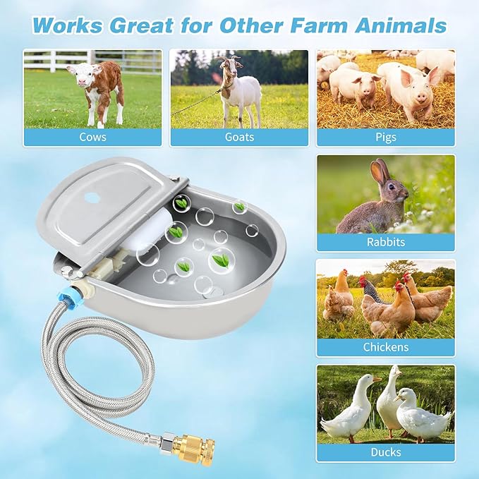 FHTONGE 304 Stainless Steel Automatic Water Dispenser with Drainage for Outdoor Big Dog, Large Auto Fill Dog Waterer Float Valves for Livestock Poultry Horse Cow Goat Pig Chicken Duck Rabbit Drinking-Mewly Pet