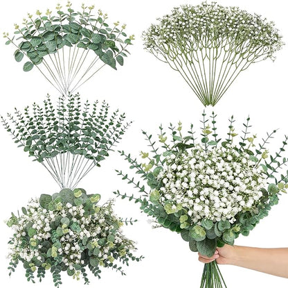 Serwalin 50 Pcs Mixed Artificial Eucalyptus Stems,Babys Breath Artificial Flowers Bulk with Faux Eucalyptus Leaves Greenery Stems for Wedding DIY Bouquets Floral Arrangement Home Decor