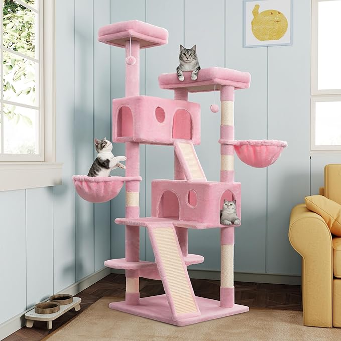 MUTICOR 66 Inches Multi-Level Large Cat Tree Tower for Indoor Big Feline/Cozy Plush Perches/Condo/Sisal Scratching Posts/Hammock and Baskets/Activity Center Play House/Wide Base/Pink-Mewly Pet