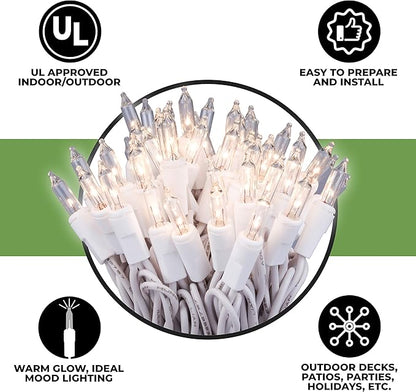612 Vermont 50 Clear Christmas Lights on White Wire, UL Approved for Indoor/Outdoor Use, 9 Foot of Lighted Length, 11 Foot of Total Length