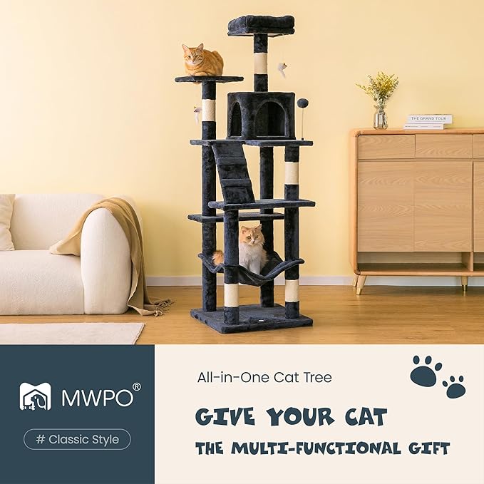 MWPO 63.8 inches Multi-Level Cat Tree for Large Cats with Sisal-Covered Scratching Posts, Padded Platform, Hammock and Condo,Stable Cat Tower Cat Condo Pet Play House-Smoky Gray-Mewly Pet