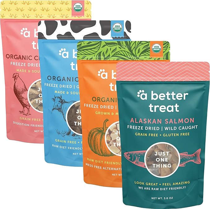A Better Treat – Freeze Dried Organic Pumpkin, Wild Caught Salmon, Organic Grass Fed & Finished Pasture Raised Beef, Organic Chicken Dog and Cat Treats | Healthy, Diabetic Friendly | Made in The USA-Mewly Pet