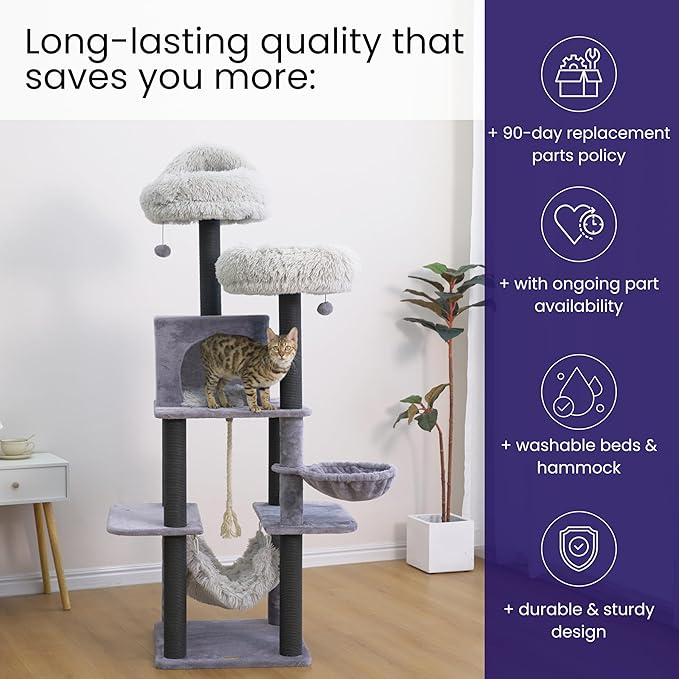 Catry Bradbury 7-Level 62.5” Modern Cat Tree with Replaceable Scratching Posts,Big Condo,Two Washable Beds, Two Hammocks,Quick Assembly, for Multi-Cat Homes(Cloud Gray)-Mewly Pet